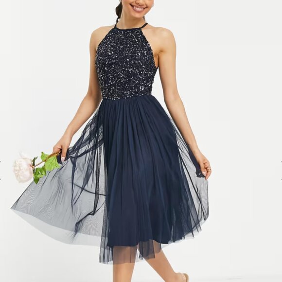 Asos Maya Deluxe Tulle Dress Size 4 Navy Halter Bridesmaid Sequins Knee Length